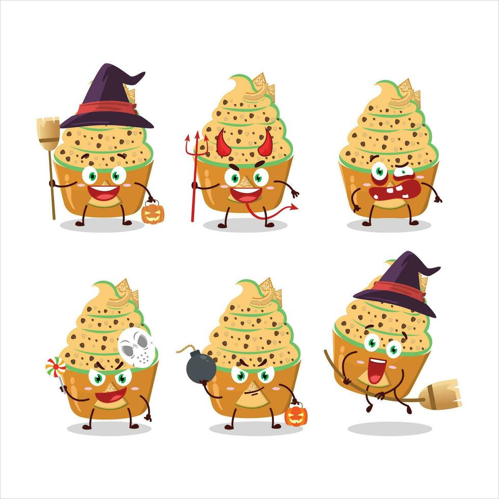 halloween uitdrukking emoticons met tekenfilm karakter van ijs room meloen kop vector