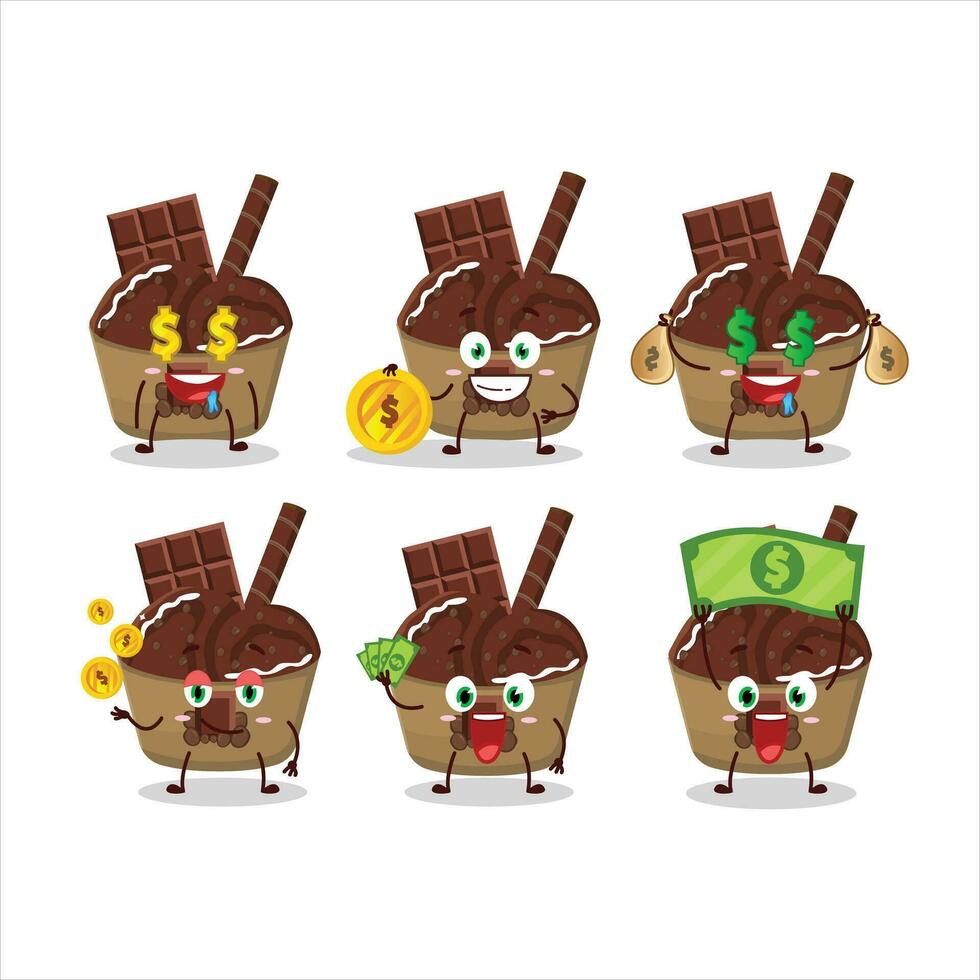 ijs room chocola kop tekenfilm karakter met schattig emoticon brengen geld vector