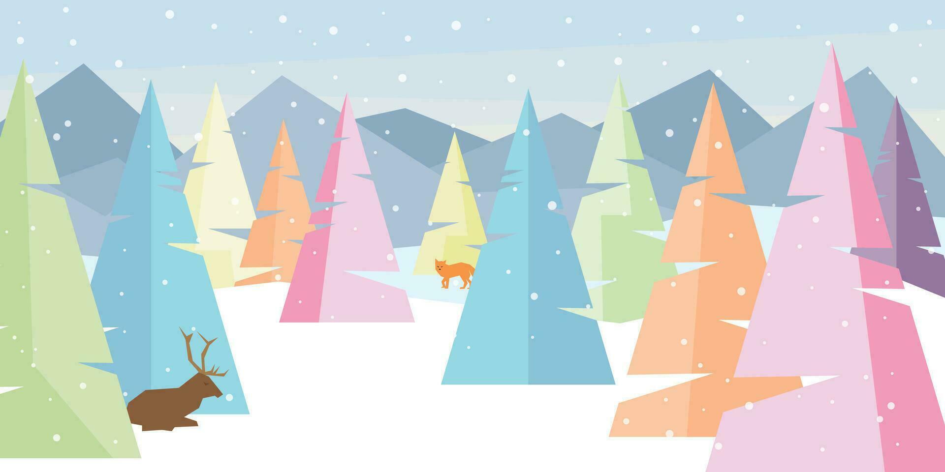pastel meetkundig vorm net zo pijnboom Woud met rendier en vos in winter seizoen vector illustratie. vrolijk Kerstmis en gelukkig nieuw jaar groet kaart sjabloon.