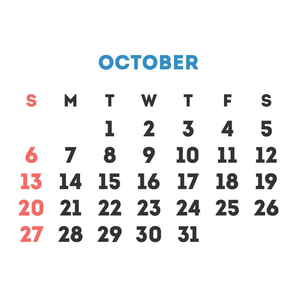 oktober 2024 maand kalender. vector illustratie.