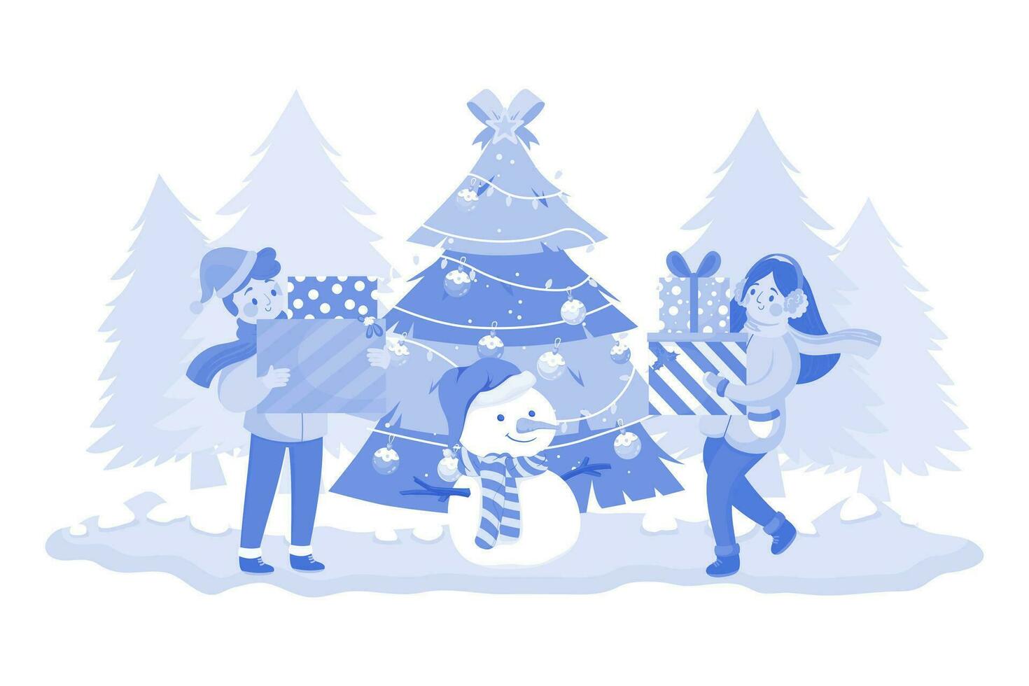 kinderen spelen sneeuwman samen buitenshuis vector