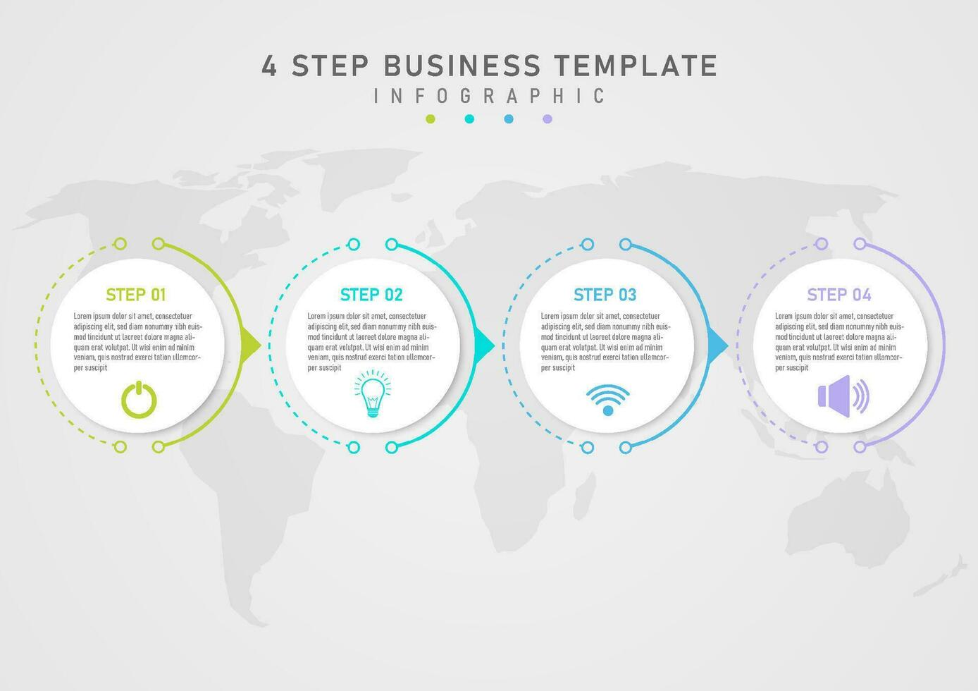 infographic sjabloon met gemakkelijk 4 stappen bedrijf wit cirkel met tekst en pictogrammen. veelkleurig buitenste schets. onder Daar is een grijs helling achtergrond kaart voor marketing, planning, producten. vector