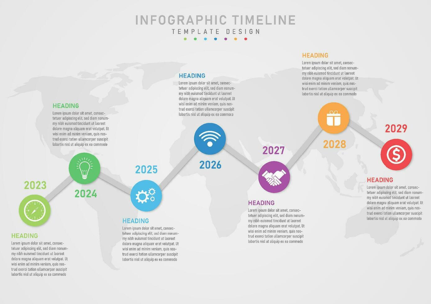 7 jaar tijd lijn infografisch. grijs lijn diagram met multi gekleurde cirkels bovenstaand met wit icoon in de centrum, jaar aantal in de midden. tekst bovenstaand en hieronder de achtergrond heeft een kaart. vector