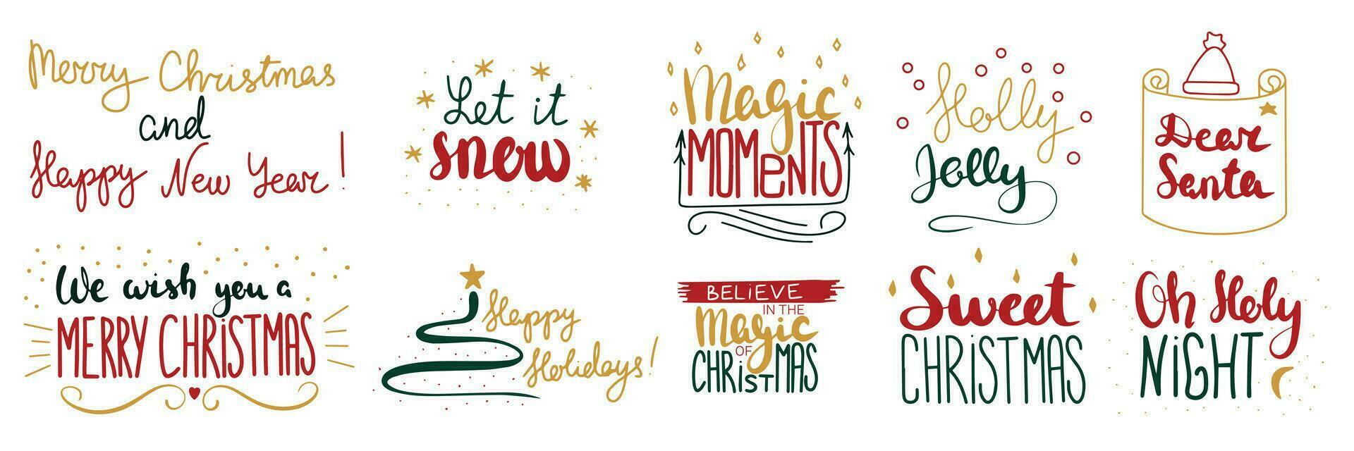 verzameling van vrolijk Kerstmis kort zinnen. laat het sneeuw, magie momenten, hulst vrolijk, Lieve de kerstman, zoet kerstmis, Oh heilig nacht. vector illustratie.