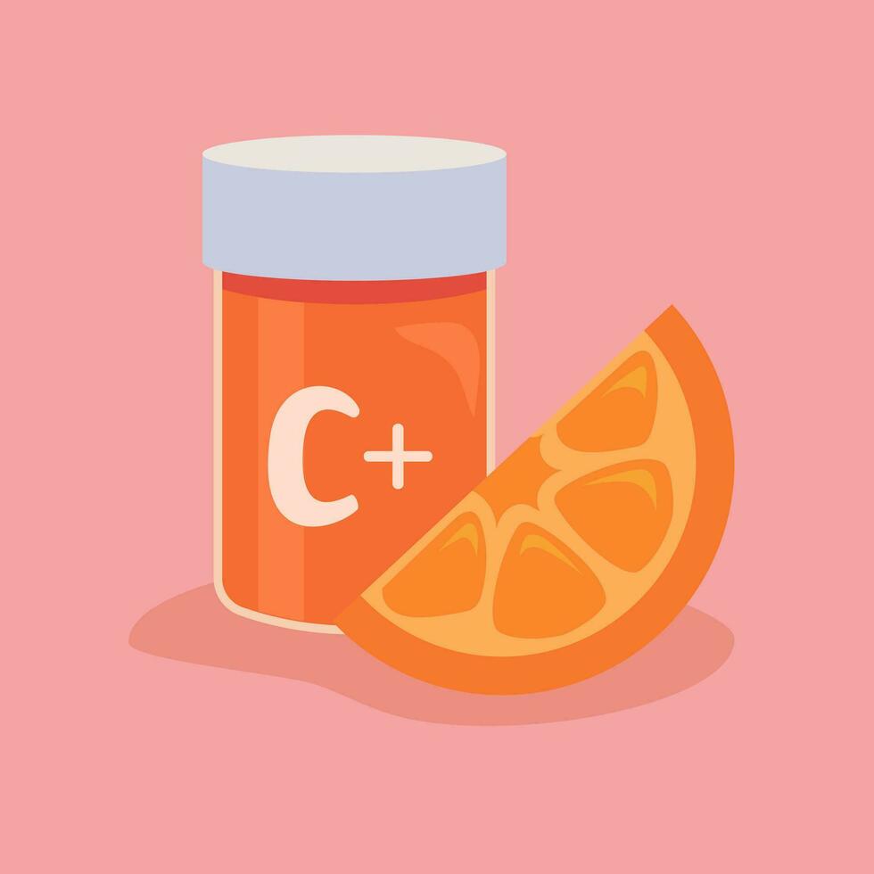 vitamine c pillen in een plastic pot met oranje plak vector
