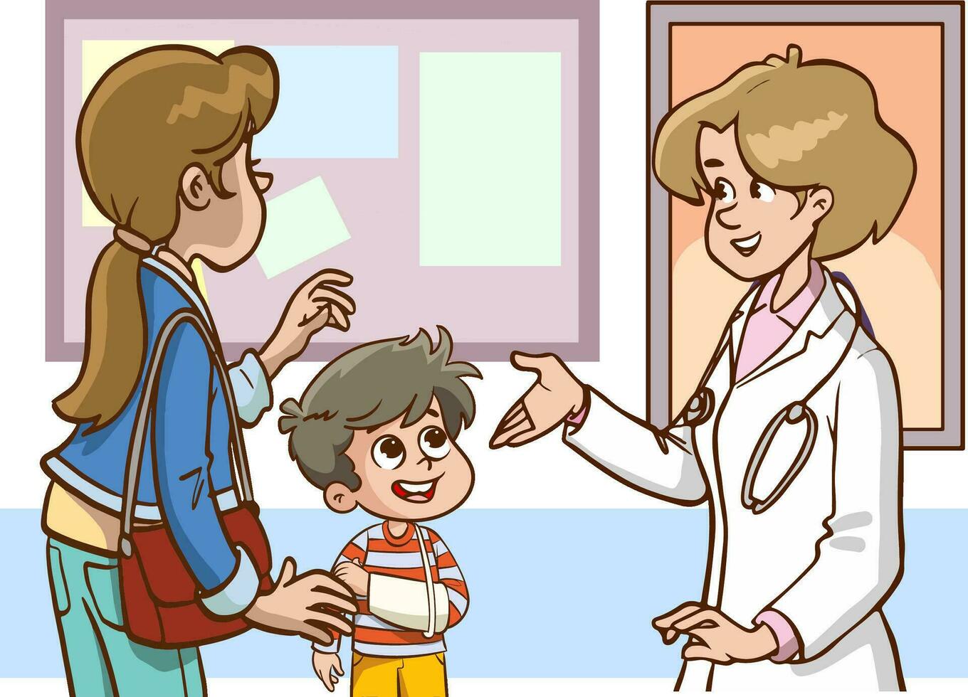illustratie van een weinig jongen pratend naar een vrouw dokter of verpleegster vector