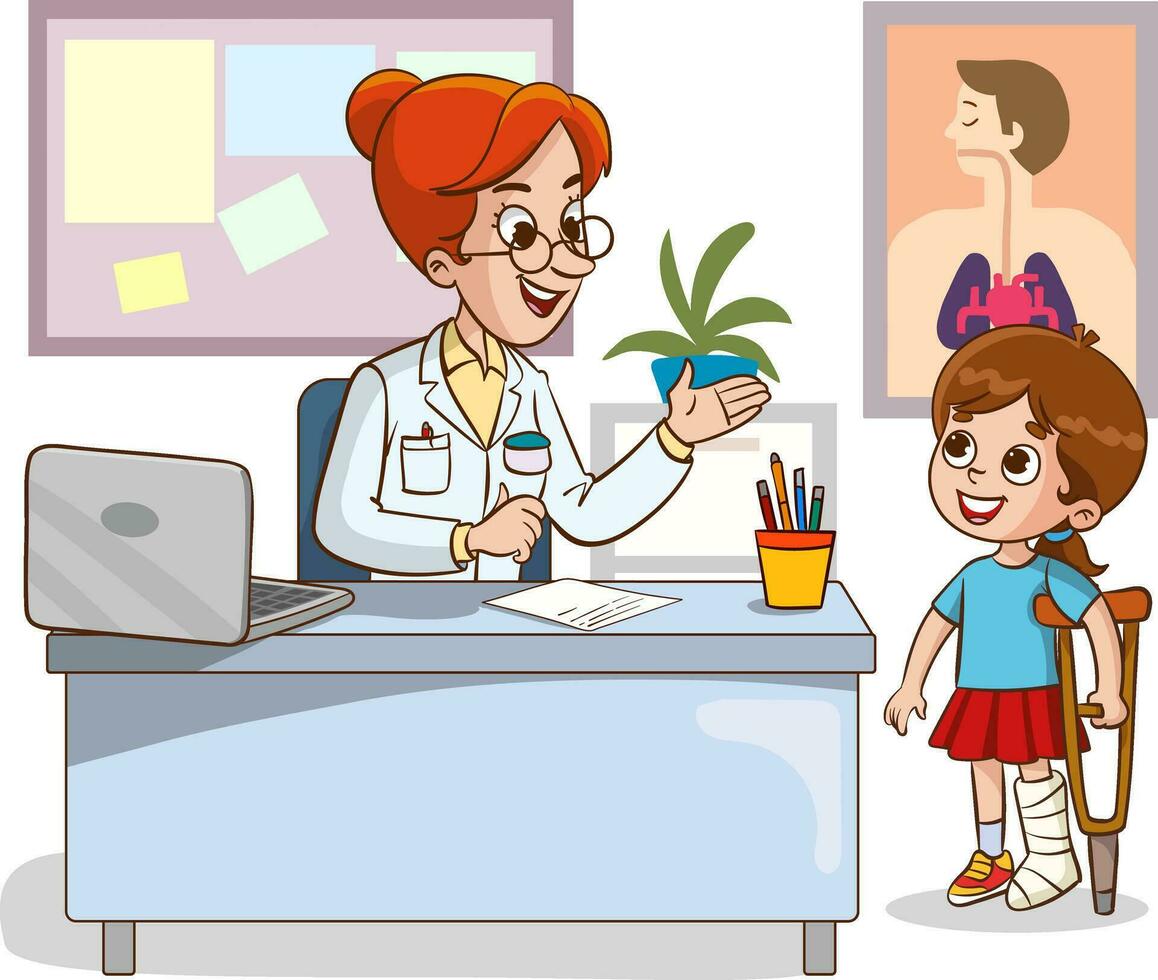 dokter en ziek kinderen pratend vector illustratie.meisje kind met gebroken been