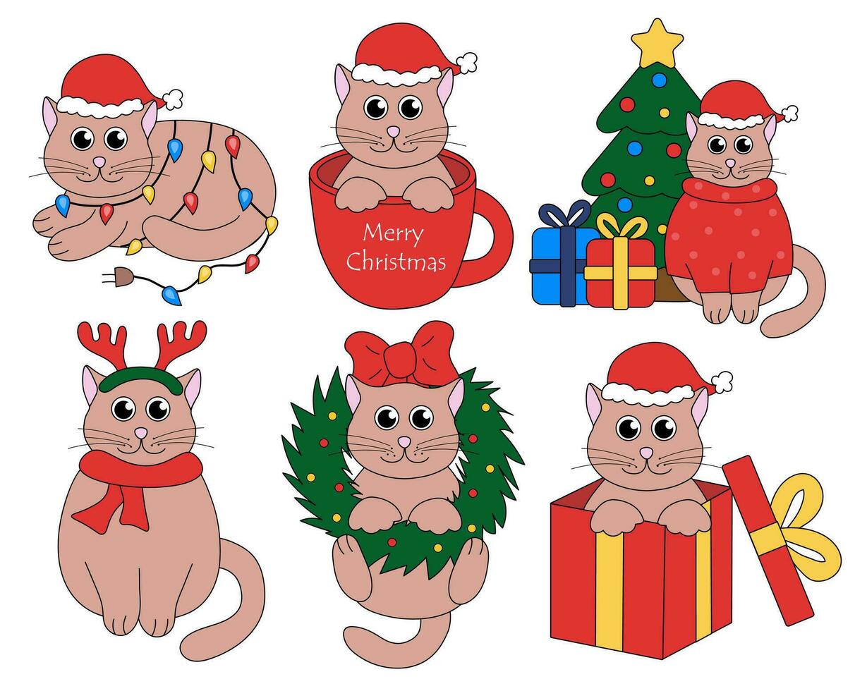 reeks van tekenfilm Kerstmis en nieuw jaar kat karakters. schattig kittens in kop en in geschenk doos, guirlande, snoep riet, hert gewei hoofdband, lauwerkrans, Kerstmis boom. vector vlak illustratie.