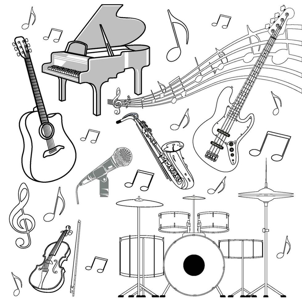 vector reeks van musical instrumenten. tekenfilm lijn kunst geïsoleerd voorwerpen Aan een wit achtergrond