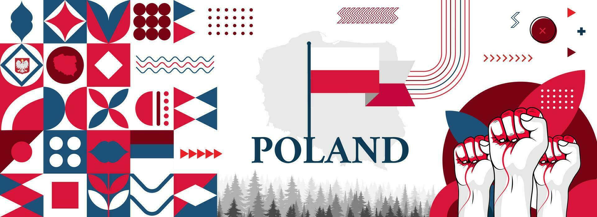 Polen nationaal of onafhankelijkheid dag abstract banier ontwerp met vlag en kaart. vlag kleur thema meetkundig patroon retro modern illustratie ontwerp. vector