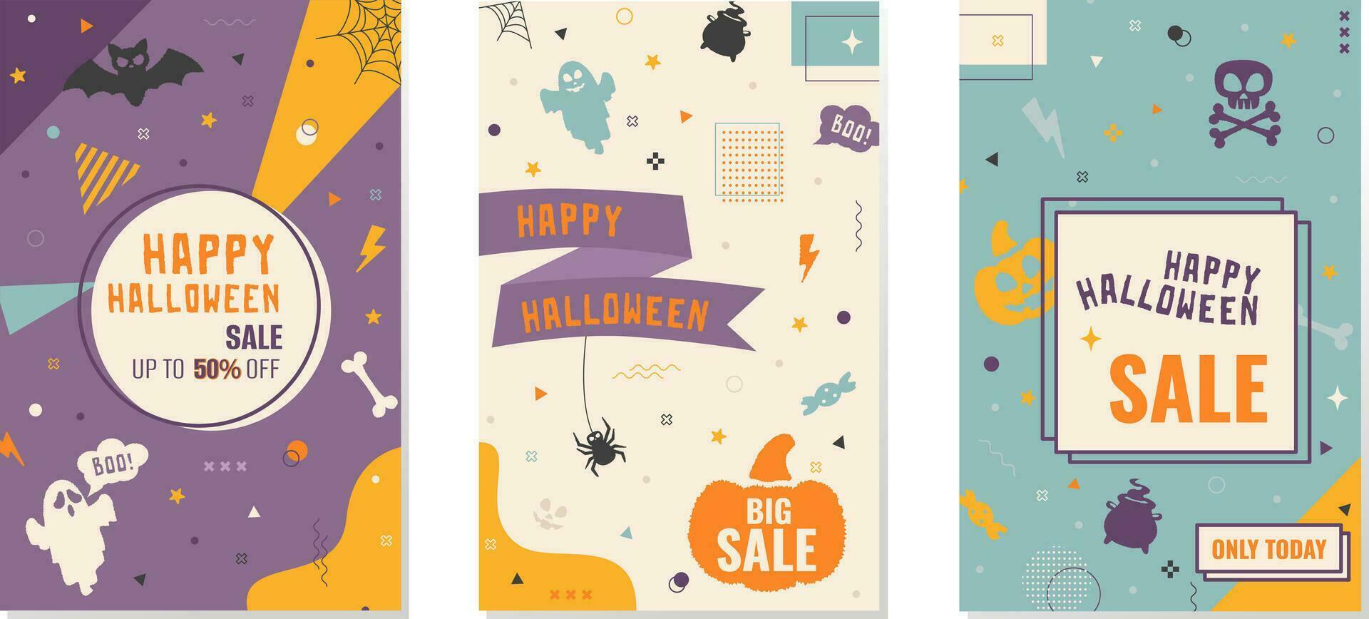 drie gelukkig halloween uitverkoop banier en korting bieden. vector reeks van Promotie Sjablonen in Memphis stijl voor website, vlieger of sociaal media afzet