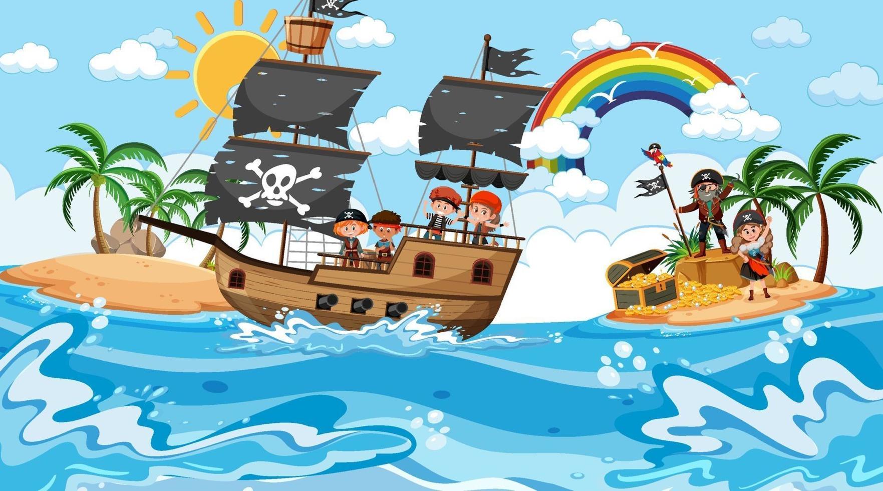 schateilandscène overdag met piratenkinderen op het schip vector