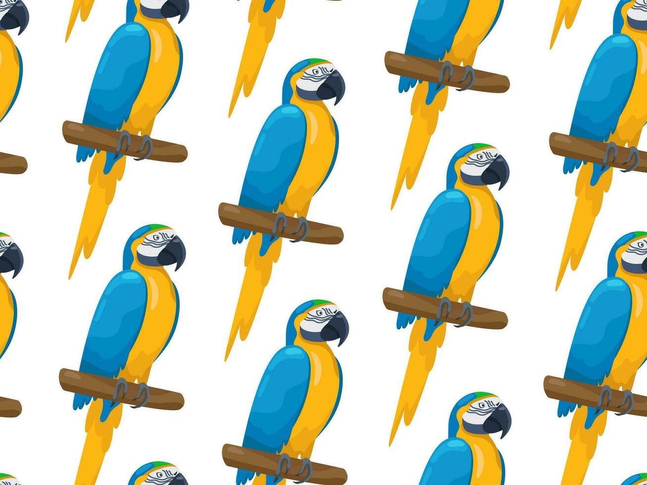 helder tropisch ara's naadloos patroon. vector afdrukken met tekenfilm grappig ara papegaaien zittend Aan takken. vlak kleurrijk exotisch vogels. mooi zo voor t-shirts, affiches, boek dekt, banners