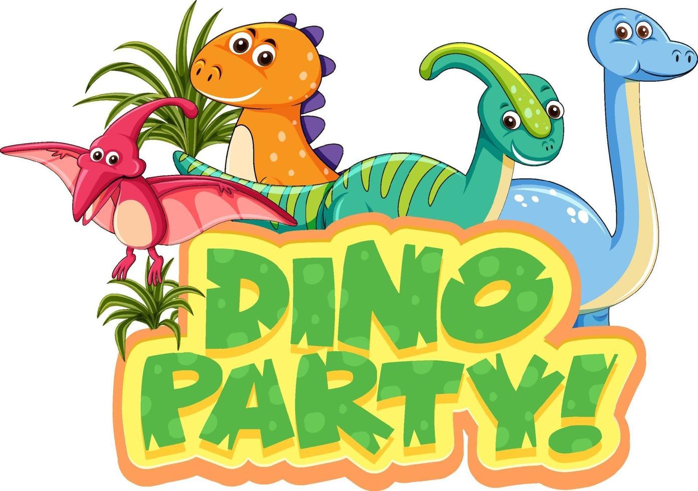 schattige dinosaurussen stripfiguur met dino party lettertype banner vector