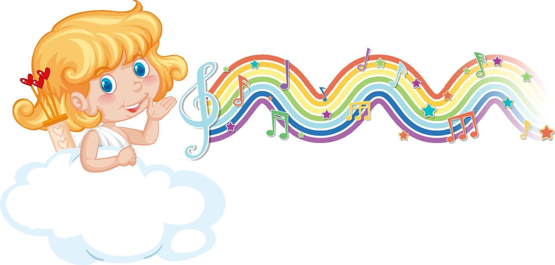 cupido-meisje met melodiesymbolen op regenbooggolf vector