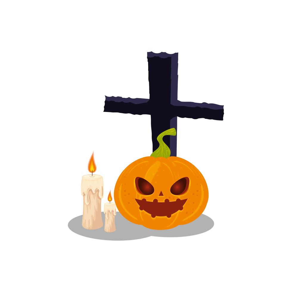 halloween pompoen met kruis en kaarsen vector