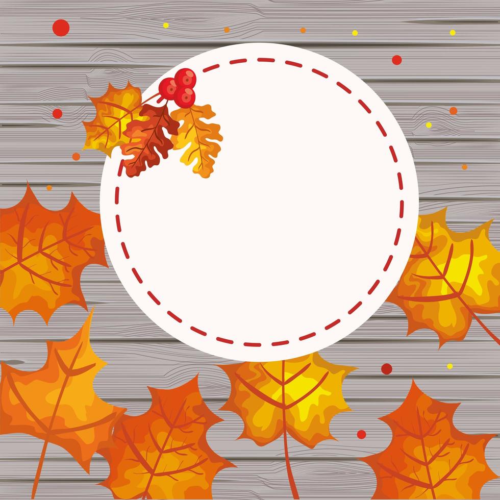 achtergrond houten met herfstbladeren en frame vector