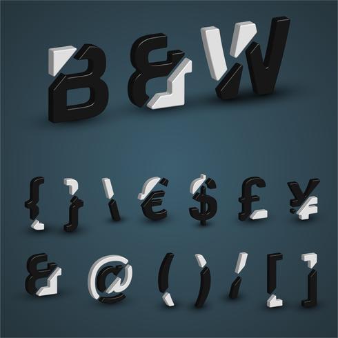 3D-zwart-wit lettertype ingesteld, vector illustratie