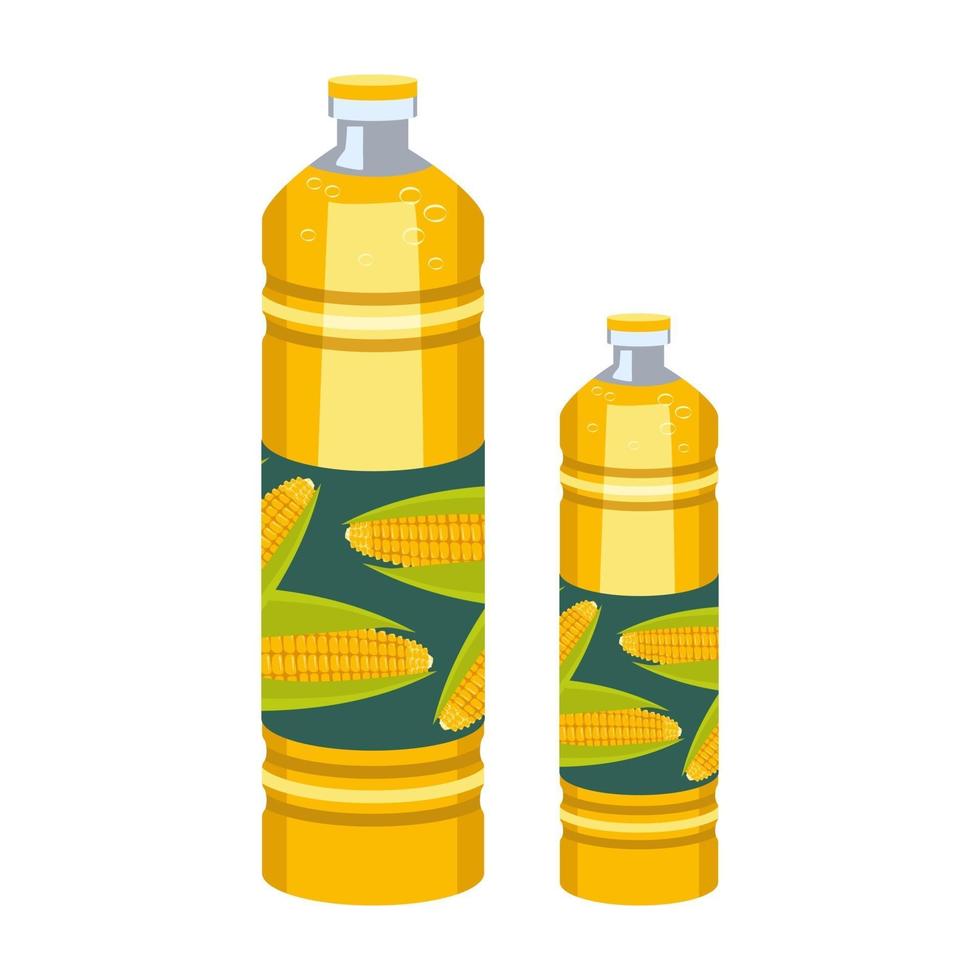 een flesje maïsolie. plastic transparante verpakking met gele vloeistof vector