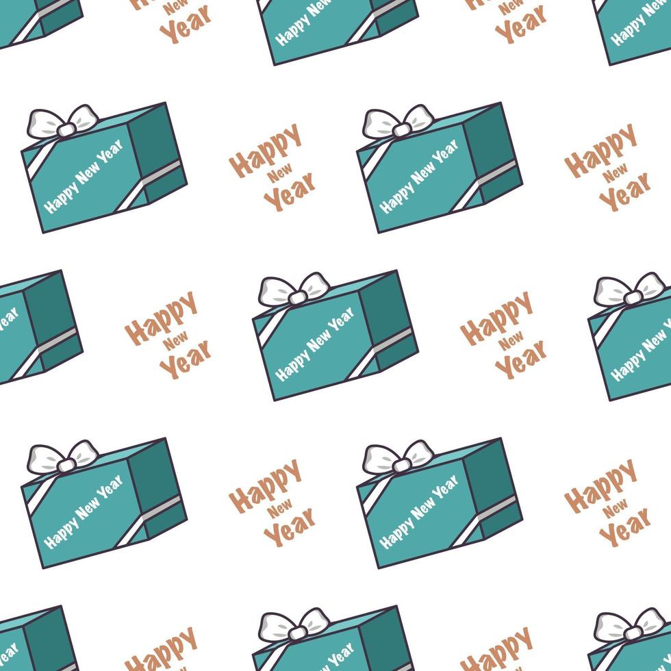 naadloos patroon met blauwe dozen met geschenken en de woorden gelukkig nieuwjaar vector