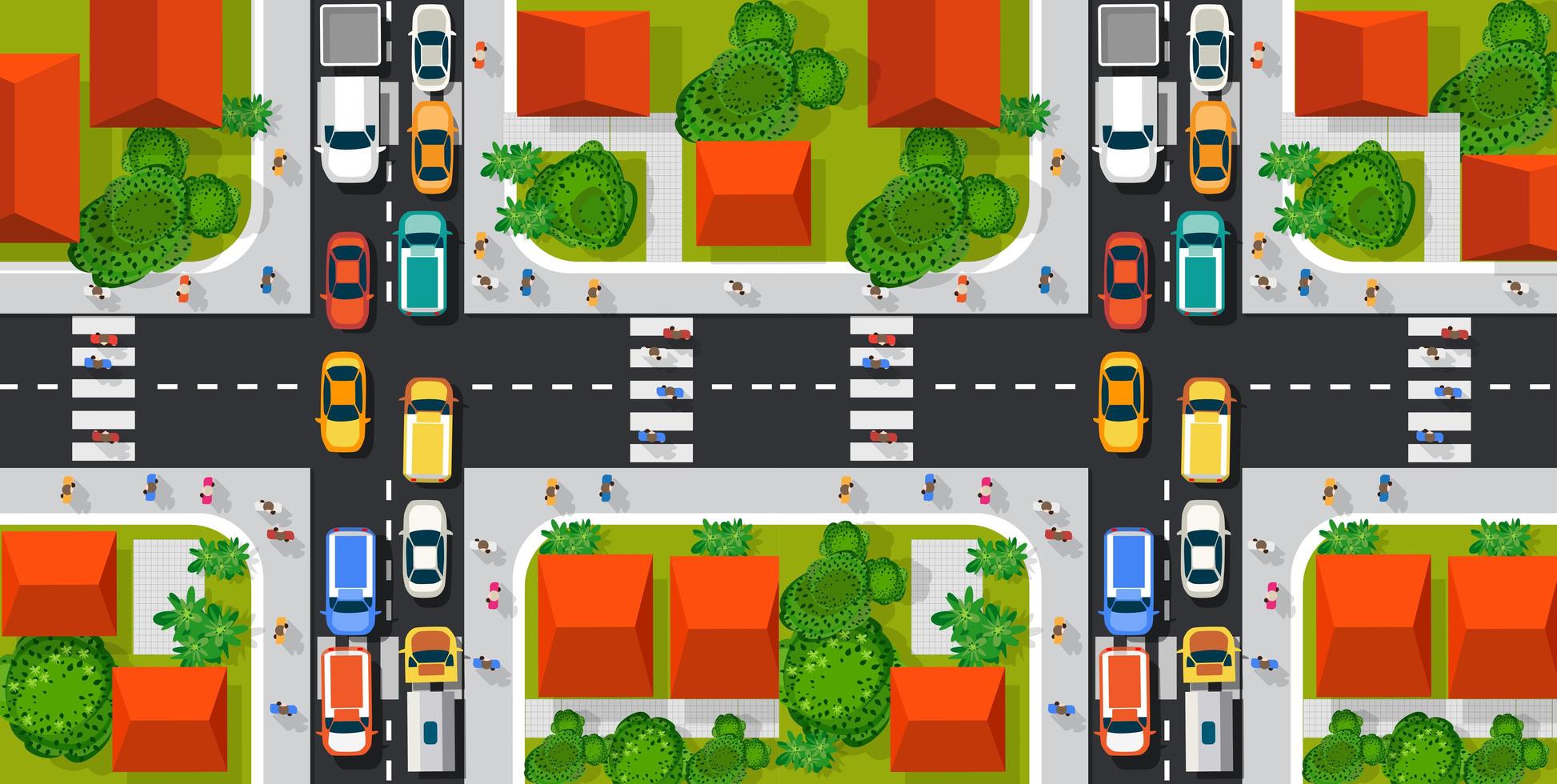 weg bovenaanzicht met snelwegen veel verschillende voertuigen. vector