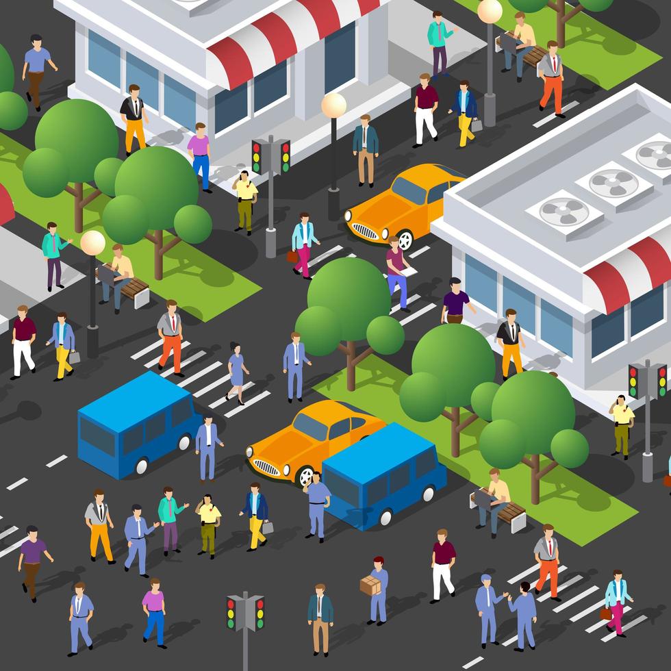 isometrische straat mensen kruispunt 3d illustratie van een stad vector