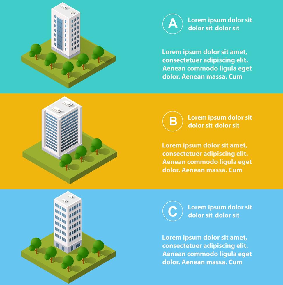 stadsinfographics in isometrisch met wolkenkrabbers, straten en bomen. vector