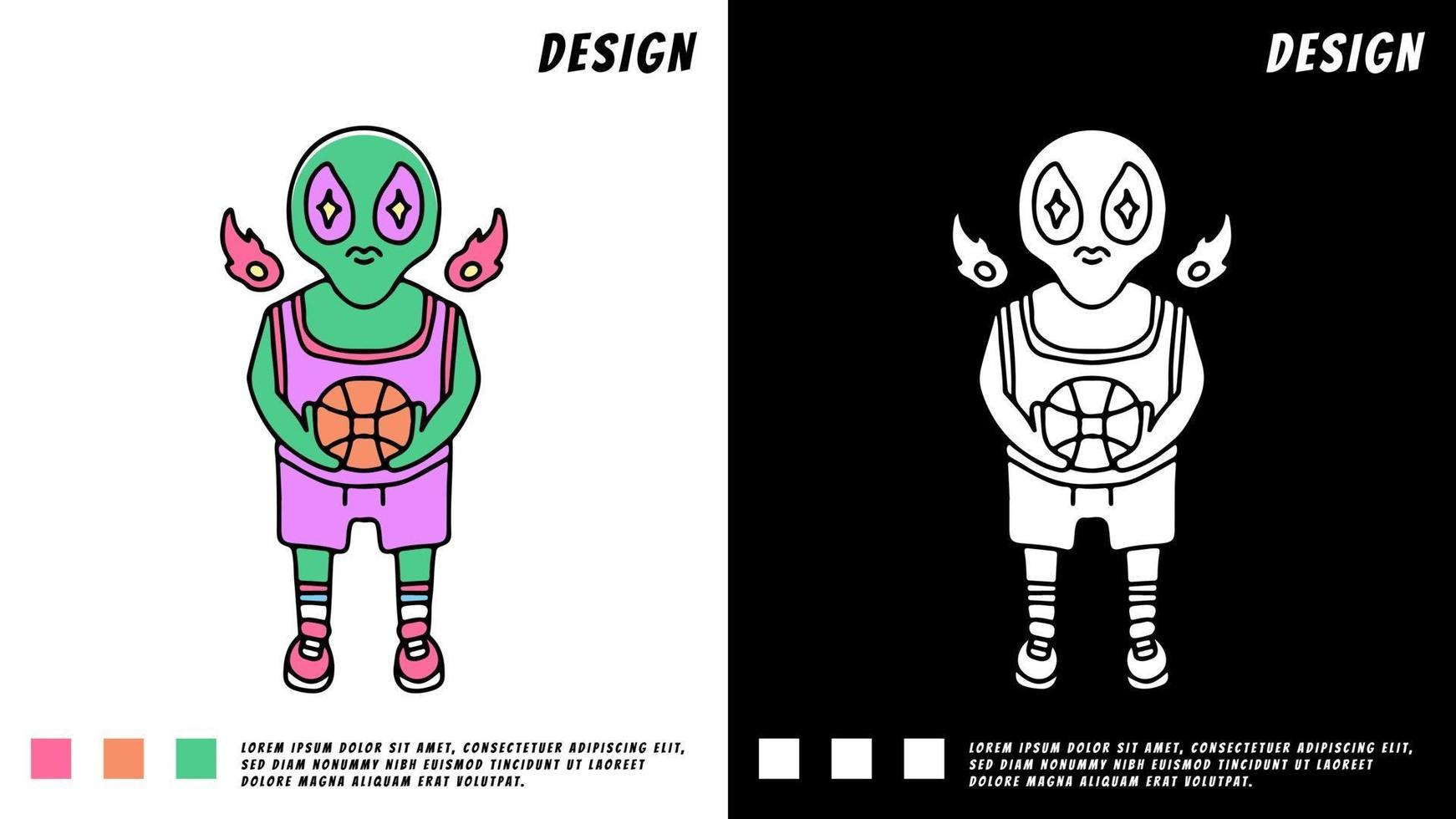 coole alien die basketbal speelt, illustratie voor t-shirt vector