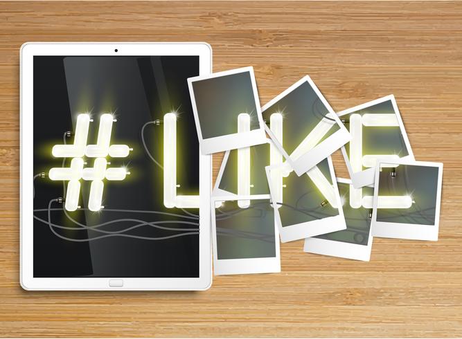 Realistische tablet met neon &quot;#like&quot; en fotolijsten, vector