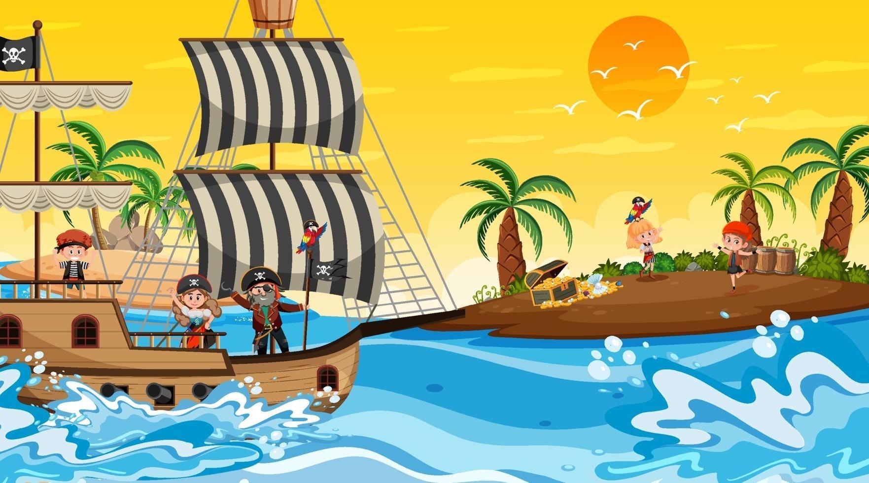 Treasure Island-scène in zonsondergangtijd met piratenkinderen vector