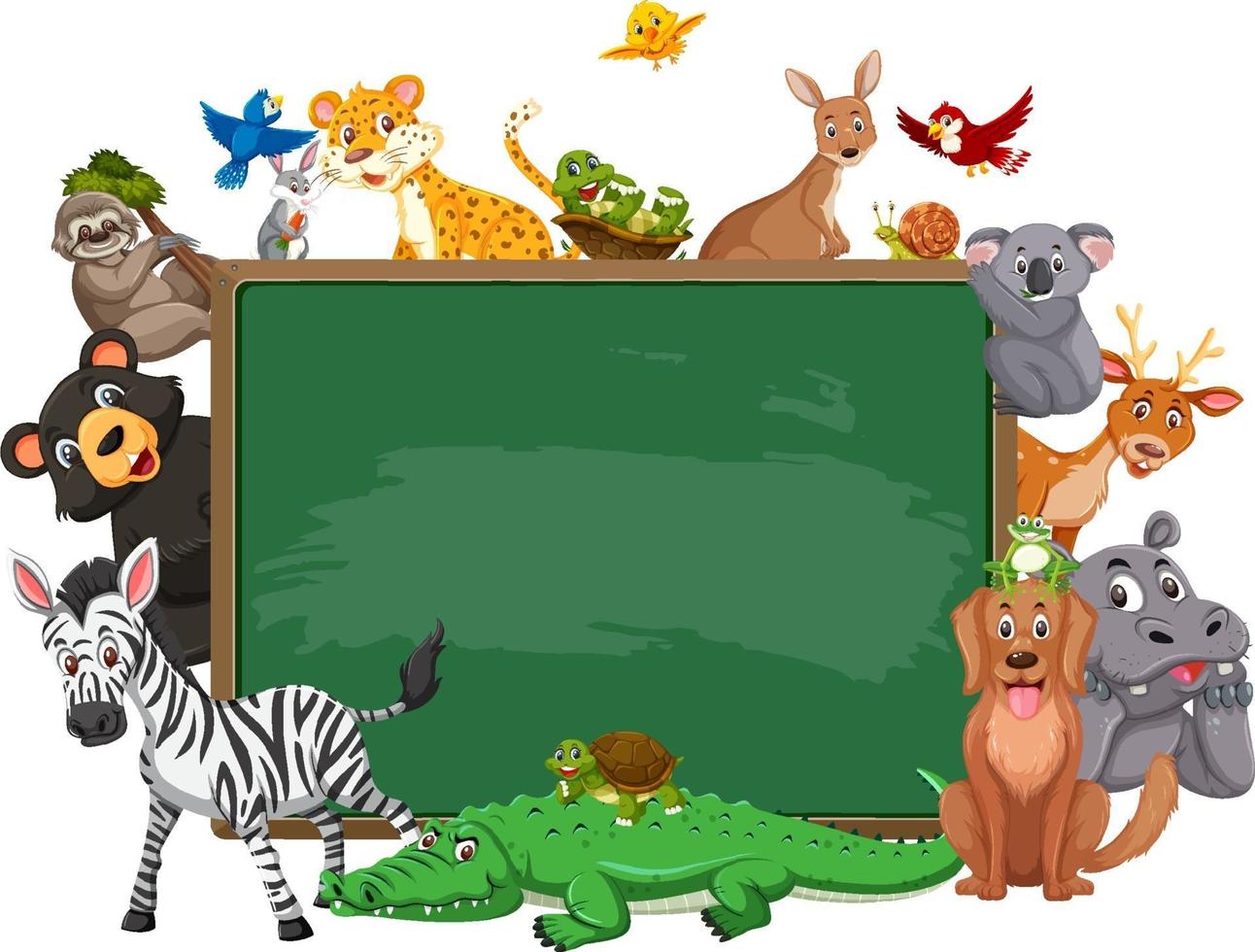 leeg schoolbord met verschillende wilde dieren vector