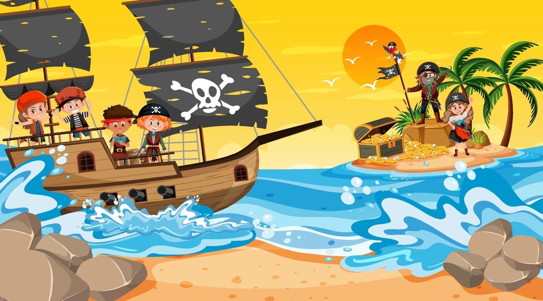 Schateilandscène bij zonsondergang met piratenkinderen op het schip vector
