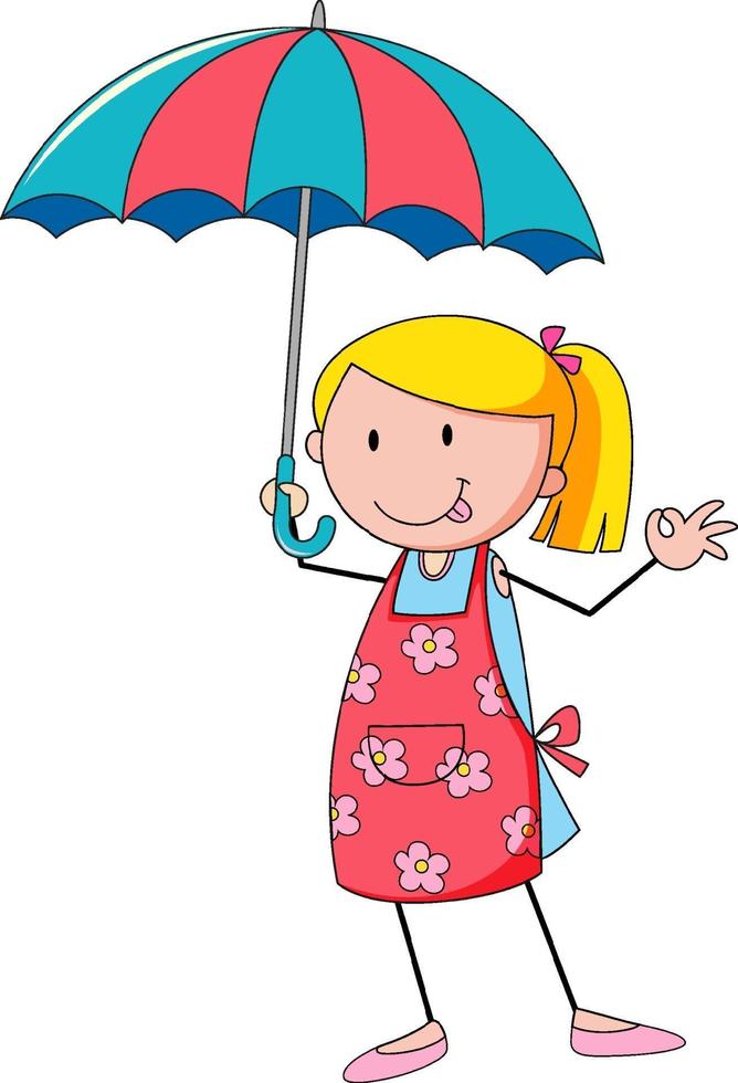 schattig meisje met paraplu doodle stripfiguur geïsoleerd vector