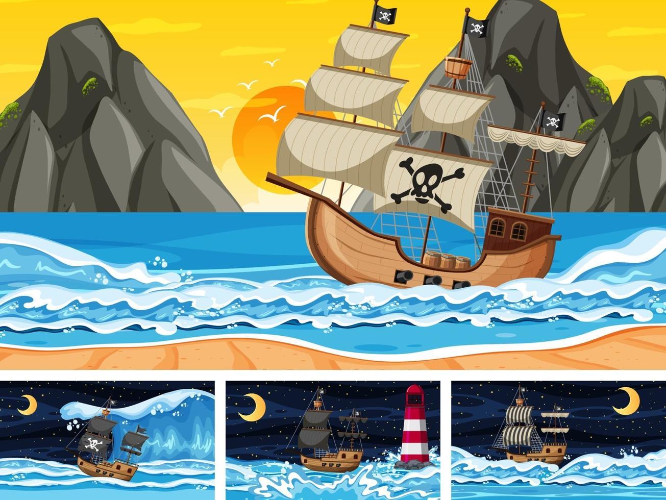 oceaanscènes op verschillende tijdstippen met piratenschip in cartoonstijl vector