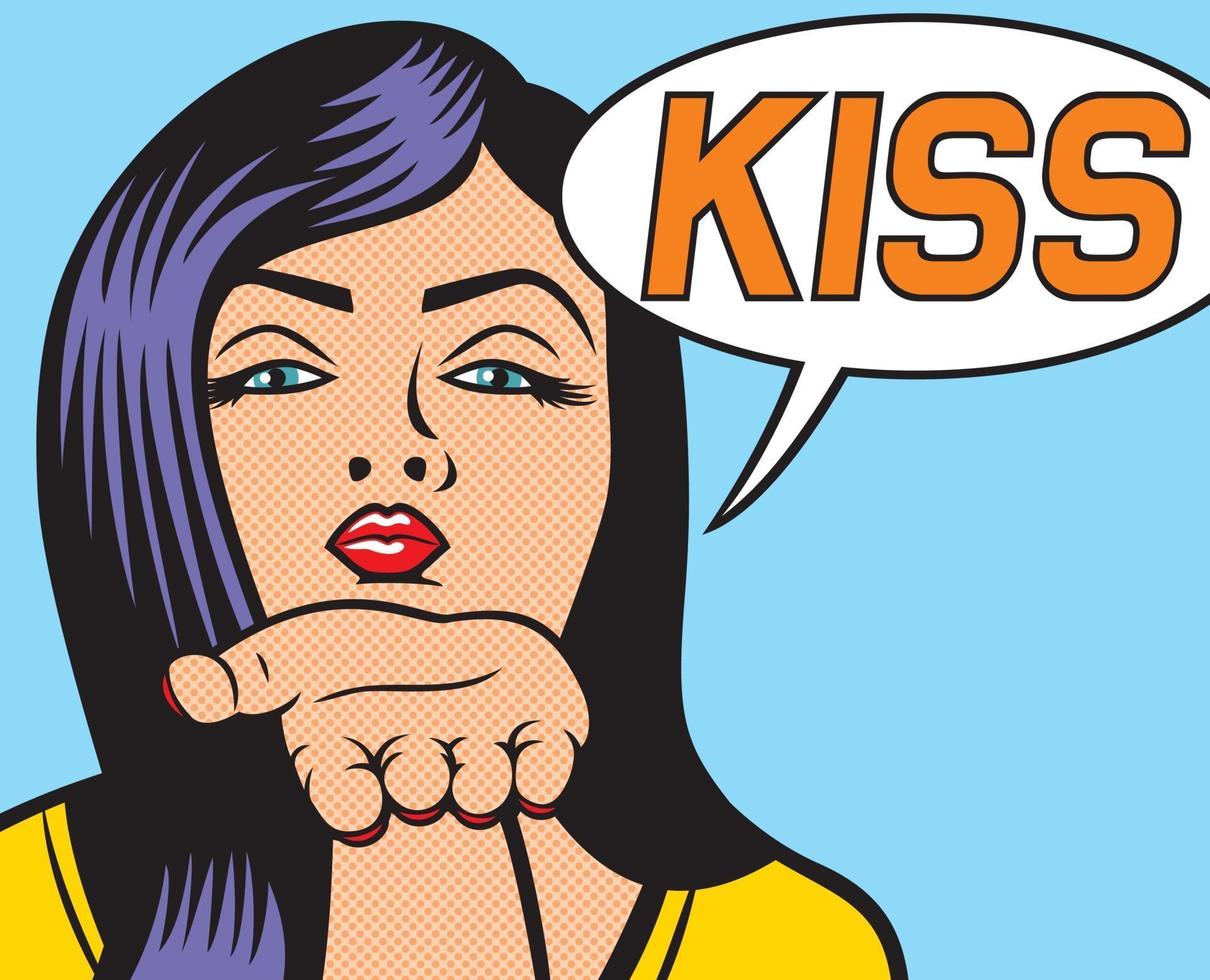 popart vrouw illustratie blaast een kus vector