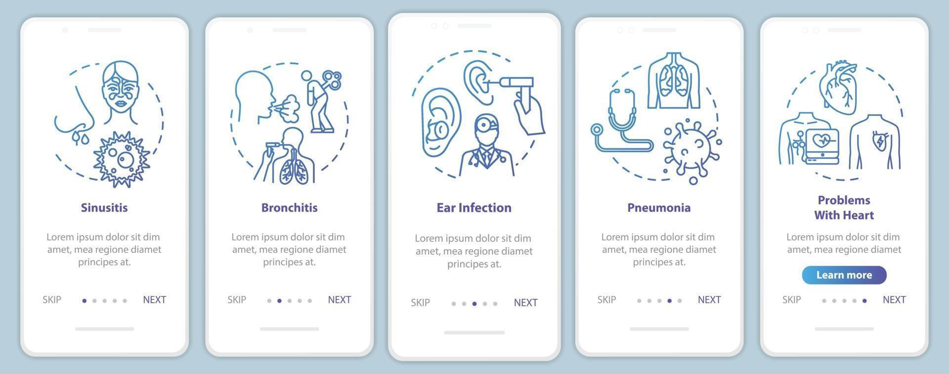 longziekte onboarding mobiele app paginascherm met concepten vector