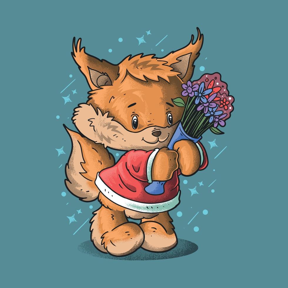 schattige kleine vos brengt bloem illustratie vector grunge
