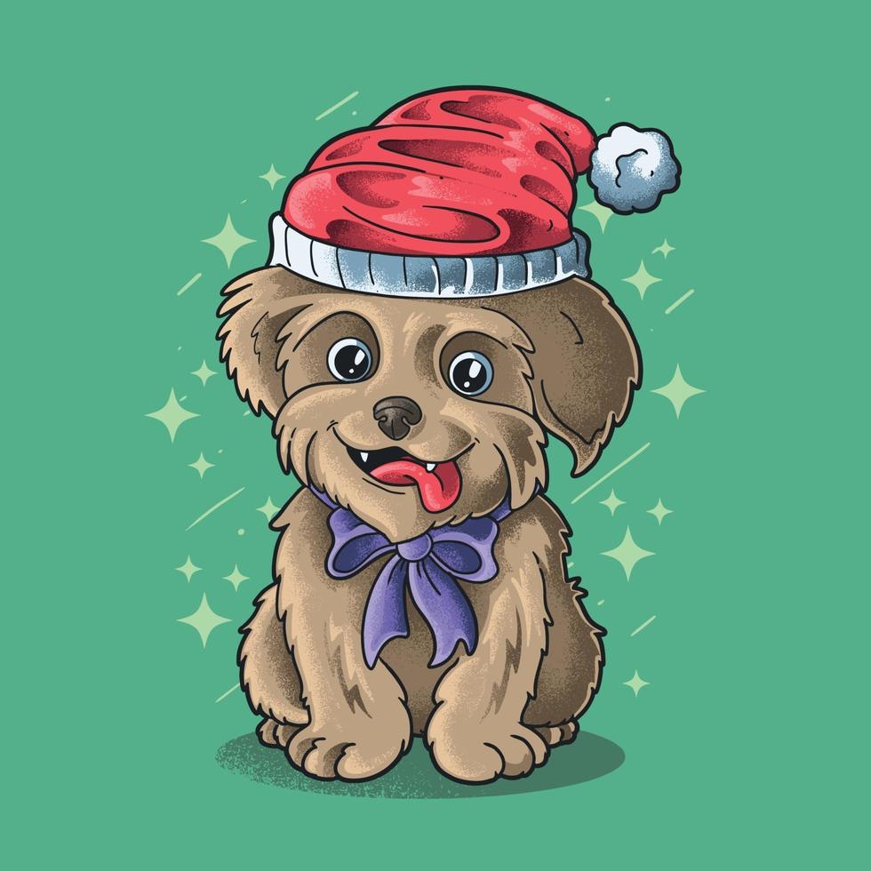 kleine hond draagt kerstmuts illustratie vector grunge