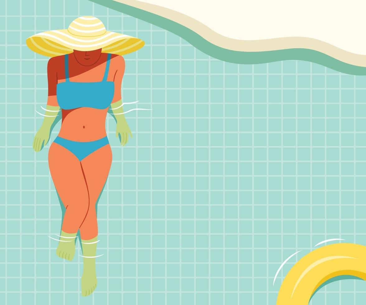 vrouw geniet van zonnebaden in het zwembad. vector