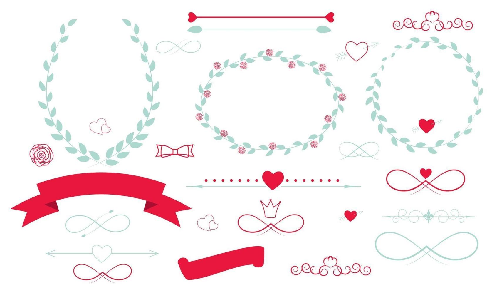 set bruiloft grafische elementen met pijlen, harten, laurier, vector