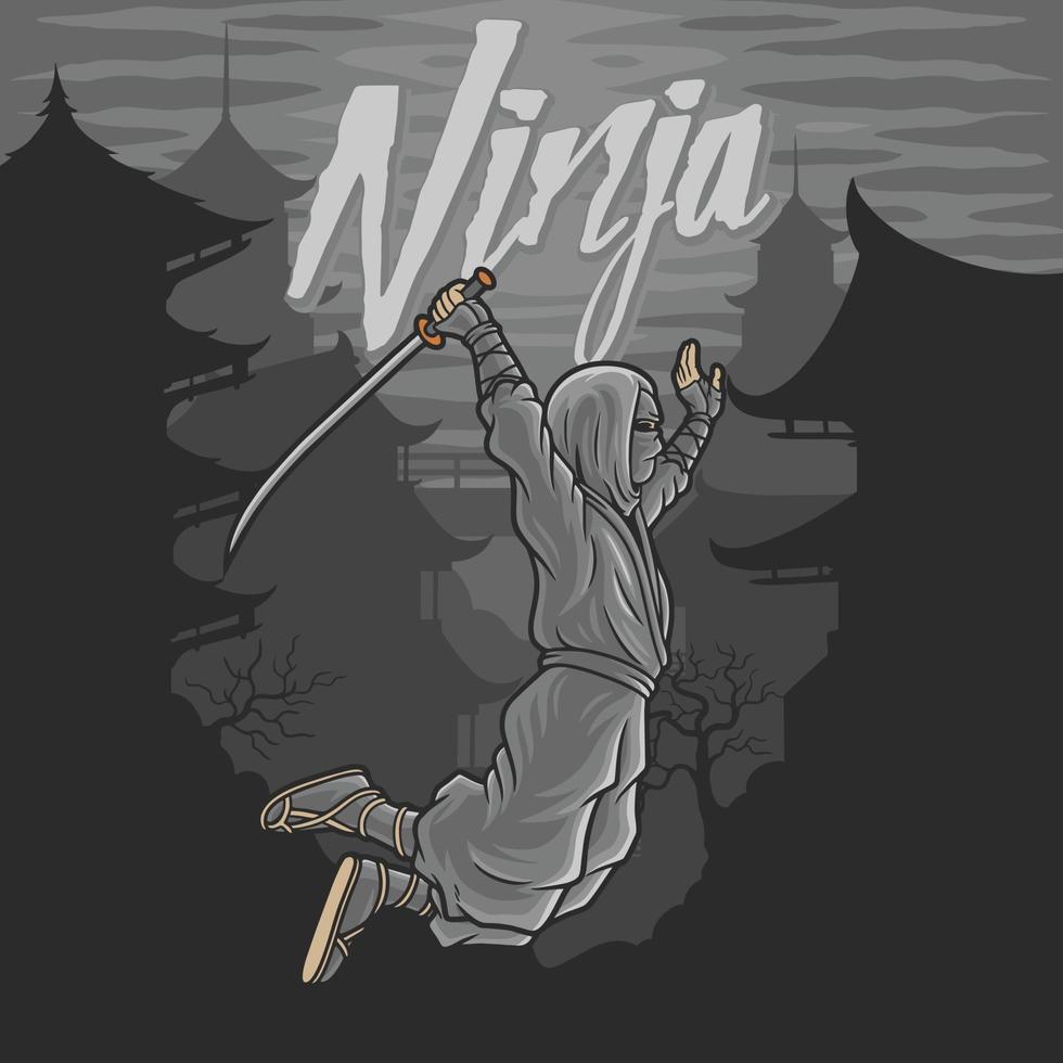 ninja vliegen met zwaard en achtergrond oud gebouw in het chinees vector