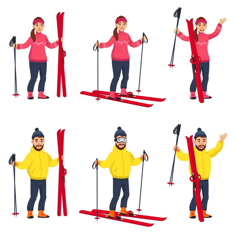 mannelijke en vrouwelijke skiërs in verschillende poses. vector
