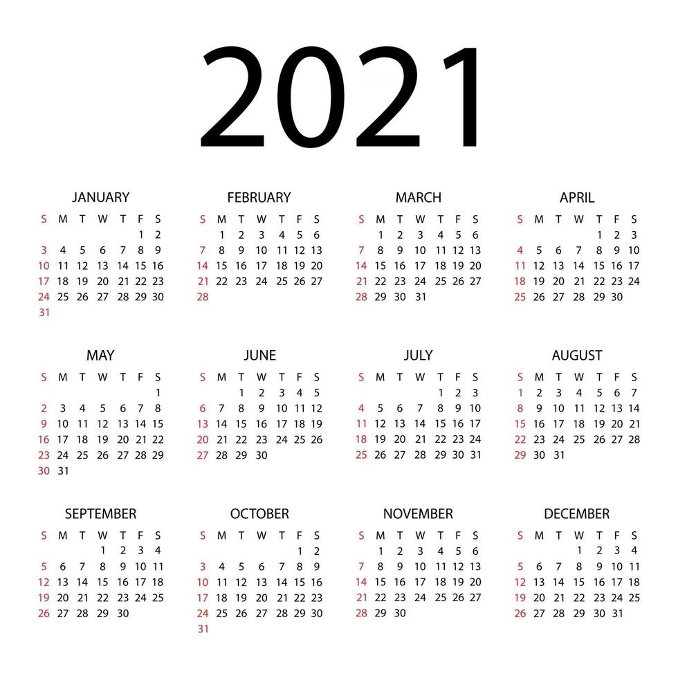 kalender 2021 jaar - vectorillustratie. de week begint op zondag. jaarlijkse kalender 2021 sjabloon. kalenderontwerp in zwarte en witte kleuren, zondag in rode kleuren vector