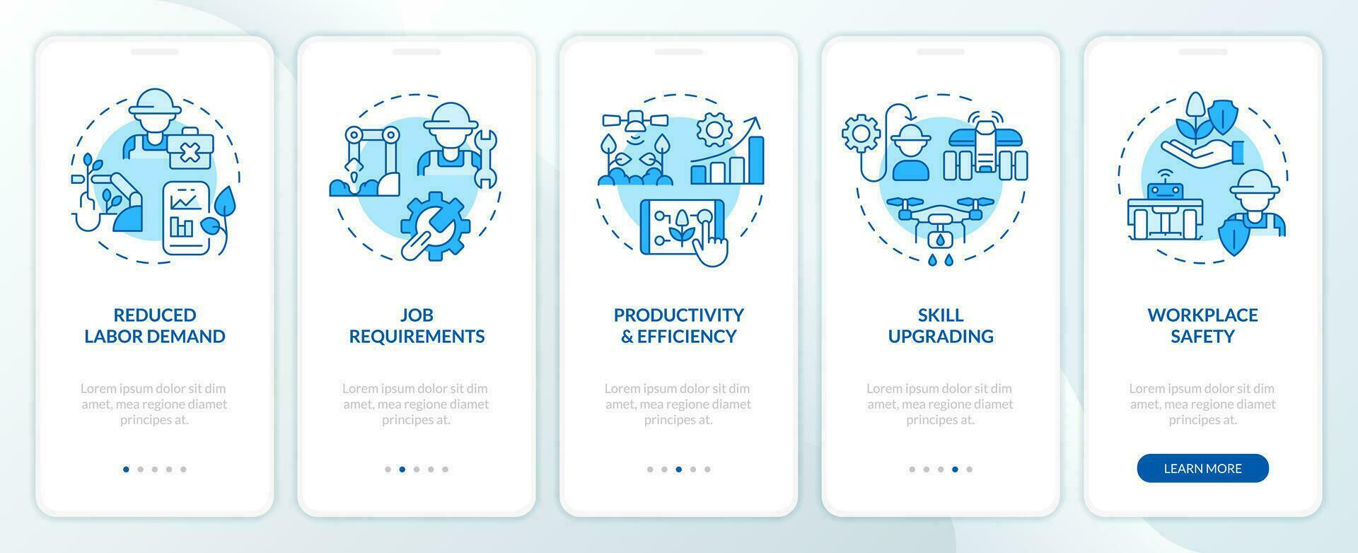 arbeid effecten van geautomatiseerd landbouw blauw onboarding mobiel app scherm. walkthrough 5 stappen bewerkbare grafisch instructies met lineair concepten. ui, ux, gui sjabloon vector