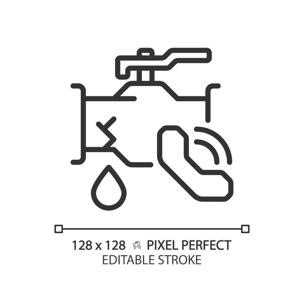 2d pixel perfect bewerkbare zwart icoon pijp lekkage met telefoontje icoon, geïsoleerd vector, dun lijn illustratie vertegenwoordigen loodgieter. vector