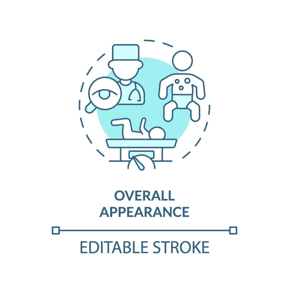 algemeen uiterlijk turkoois concept icoon. pasgeboren baby. fysiek inspectie. Gezondheid beoordeling. pediatrisch zorg abstract idee dun lijn illustratie. geïsoleerd schets tekening. bewerkbare beroerte vector