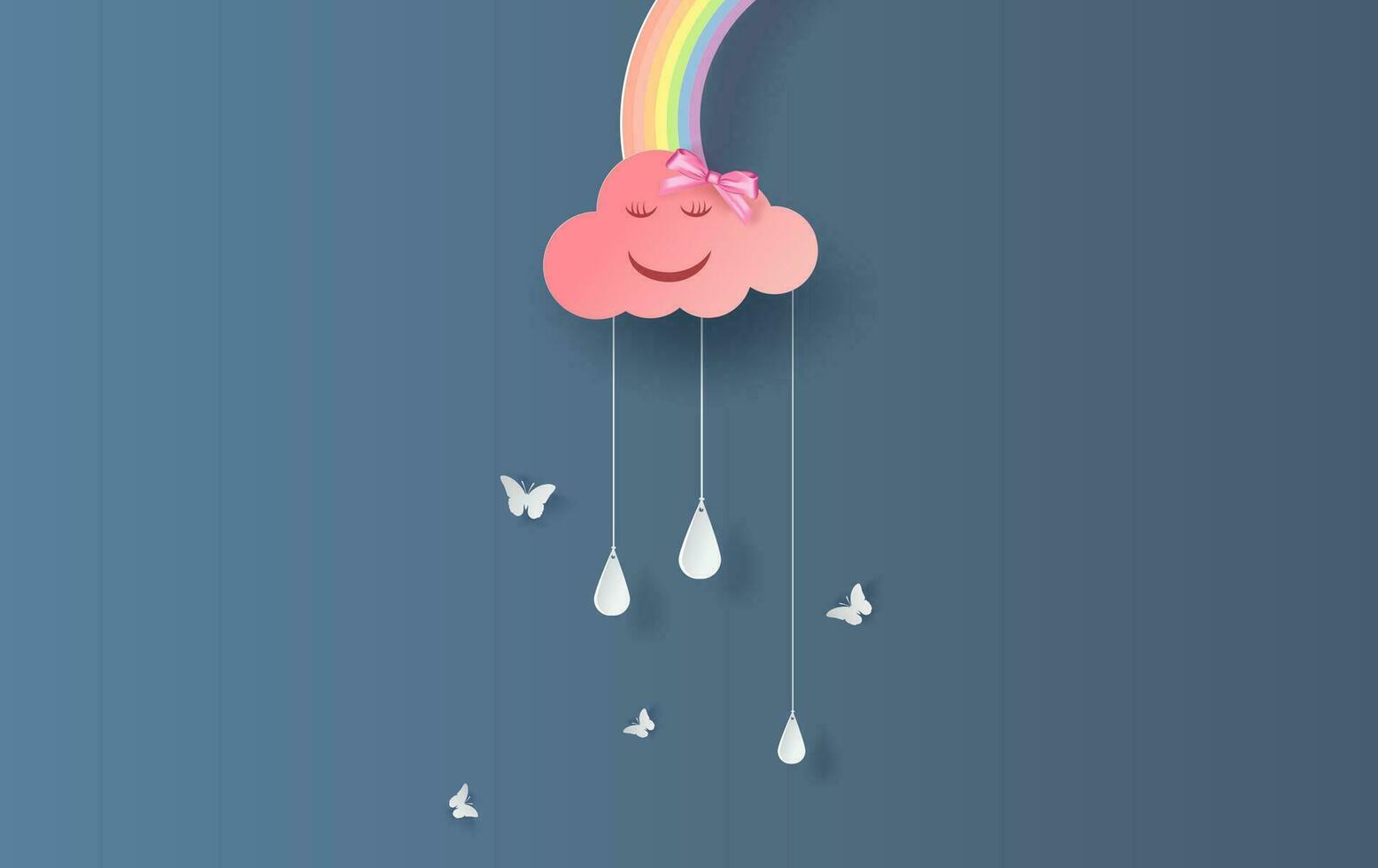 illustratie van karakter regenboog in de regenachtig seizoen. papier besnoeiing ontwerp voor wolken en regenboog in regen tijd.creatief idee papier ambacht door pastel kleur minimaal stijl Aan blauw achtergrond. vector. eps10. vector