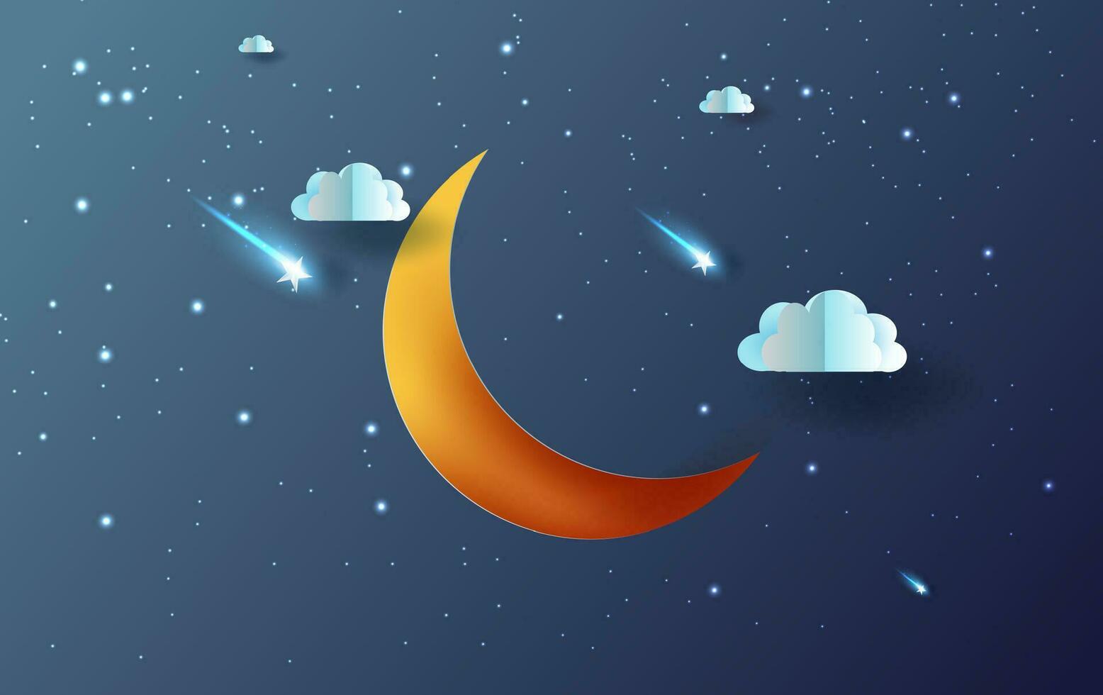 maan en ster met mystiek nacht lucht fantasie achtergrond.donker cloudscape en sterren vallen in regen seizoen.maanlicht Bij nacht.creatief ontwerp papier besnoeiing en kunst .onweersbui middernacht.vector .illustratie. vector