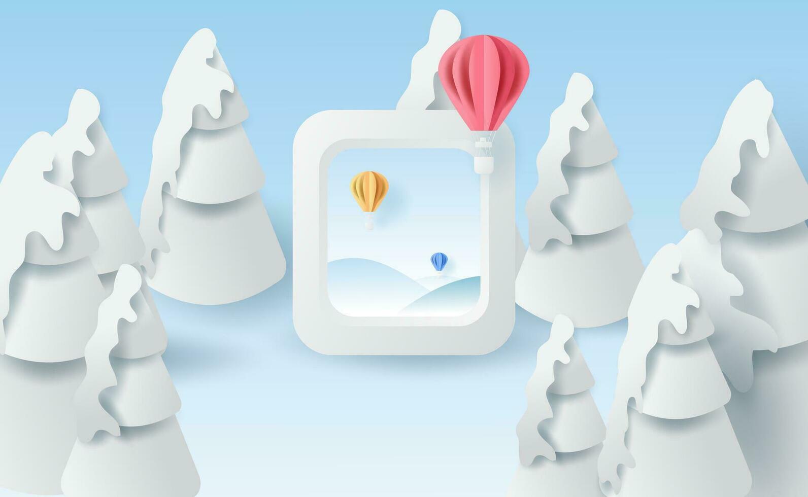 3d landschap ballonnen vlieg lucht Aan vakantie blauw lucht achtergrond met winter sneeuwvlokken seizoen bos.creatief minimaal papier besnoeiing en ambacht van vliegtuig venster visie concept idee.vector illustratie eps10 vector