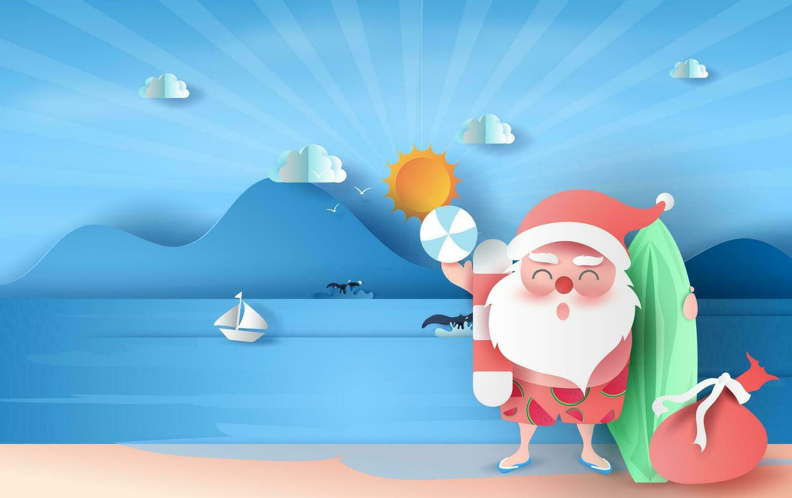 de kerstman claus glimlach vervelend strand pak Aan zee visie zonlicht blauw hemel.zomer Kerstmis tijd seizoen concept.reizen boot drijvend in oceaan.graphic kust landschap, origami papier ambacht en besnoeiing idee.vector vector